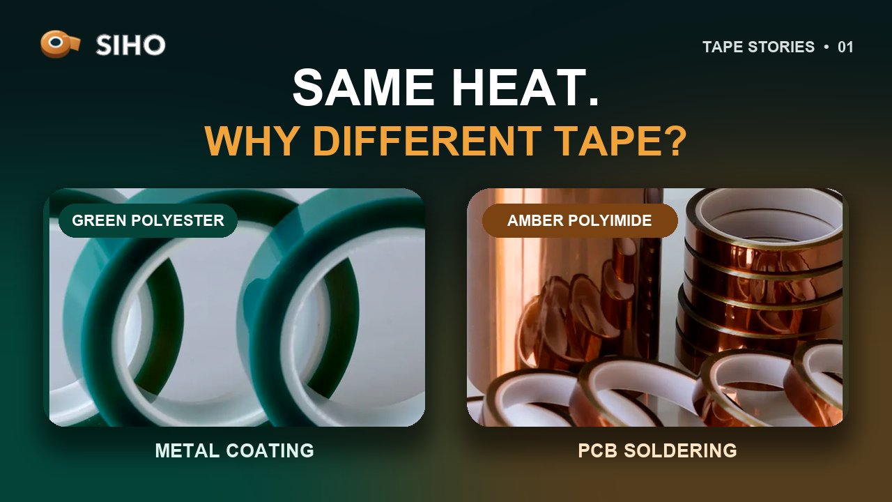 Green polyester tape and amber polyimide tape for different high-temperature jobs