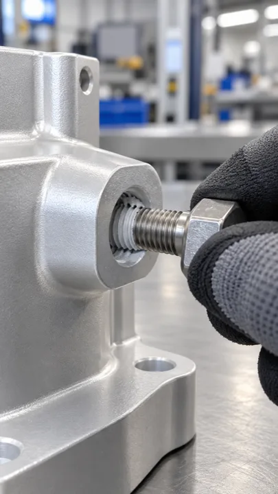 Powder coating buildup blocking an internal thread on a metal part