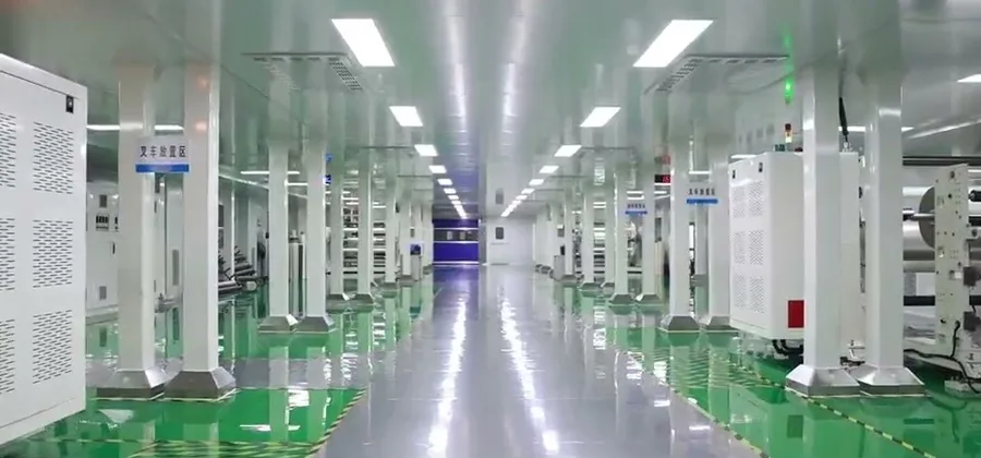 Cleanroom: a row of white machines on a green floor