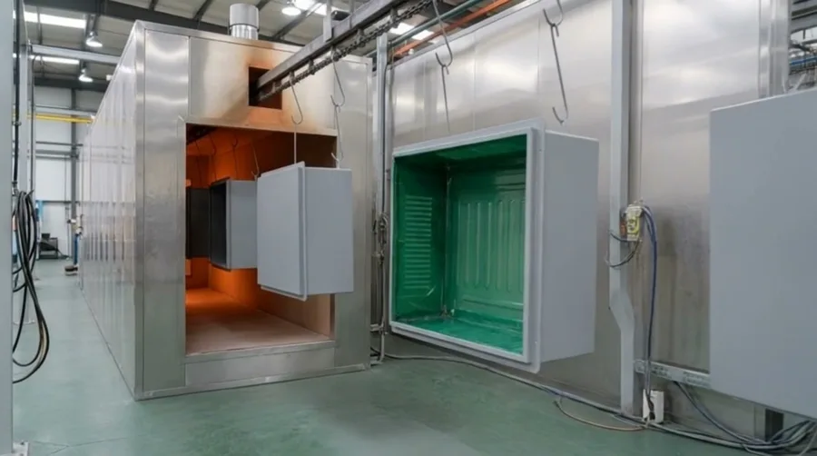 Masked cabinets carried into the oven on the line