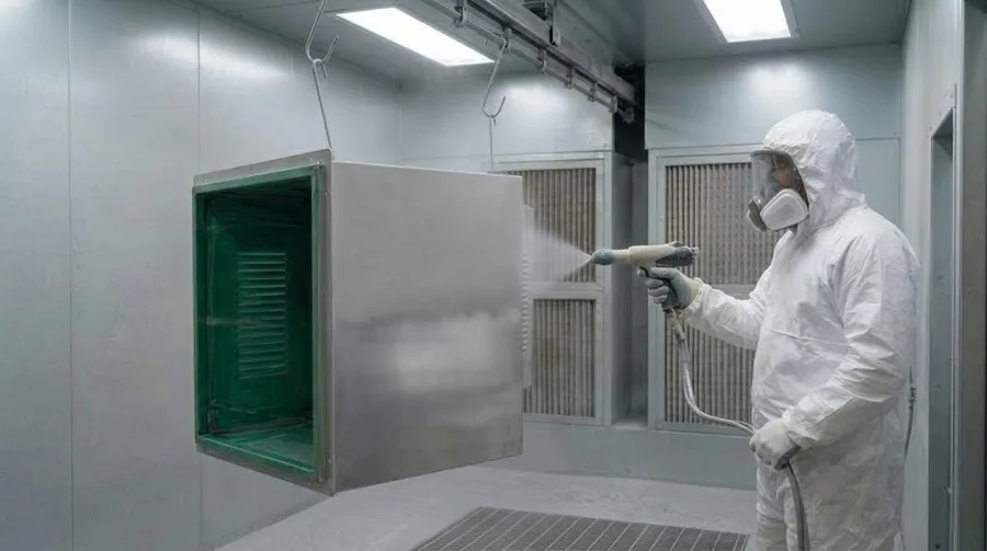 Spraying an enclosure whose inside is masked with green tape