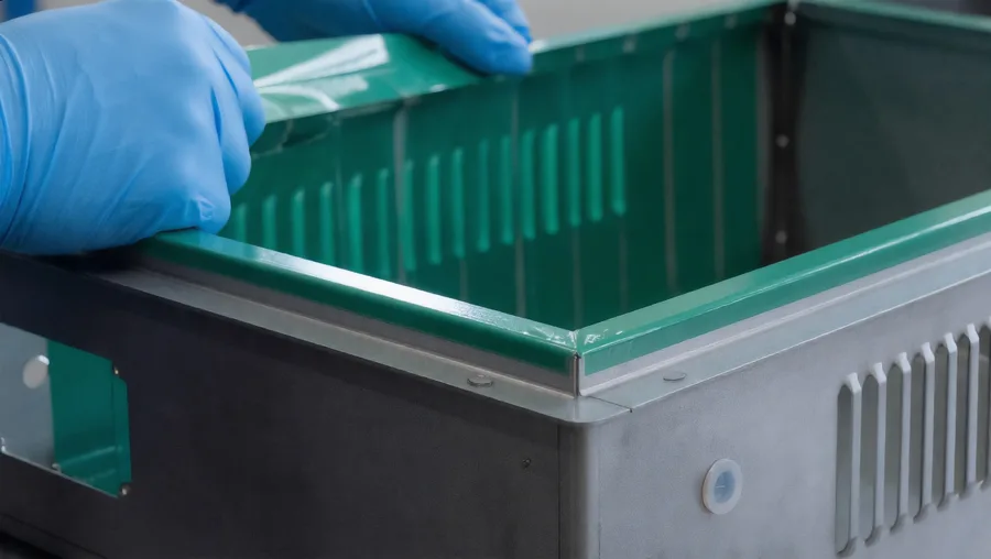 Green tape pressed along an enclosure's inner edge