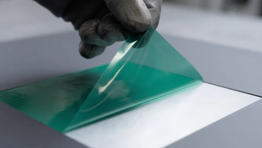 Green tape peeled off a coated panel, showing bare metal