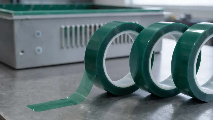 An enclosure with its inside taped, and rolls of green tape