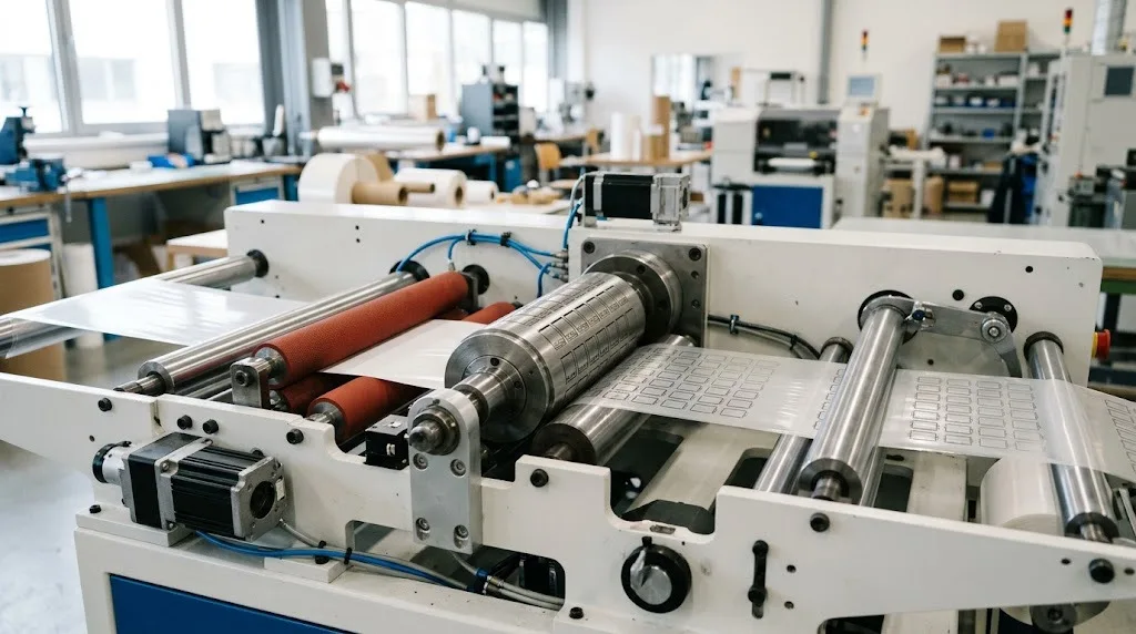 On a rotary die-cutter, film and material are cut into rows of parts together