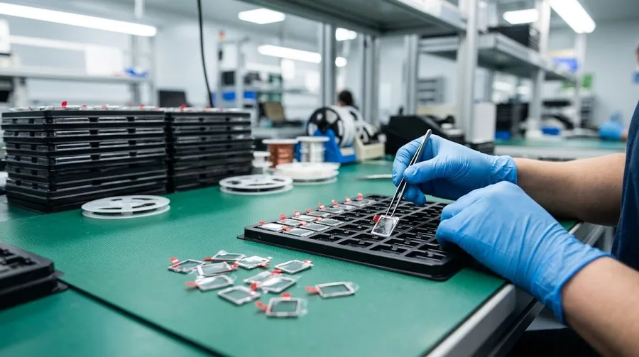 Gloved hands place film-covered parts into an antistatic tray