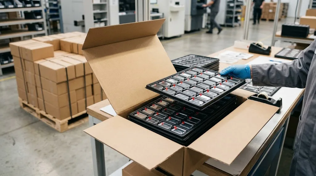 Film-covered parts packed in trays into a shipping carton