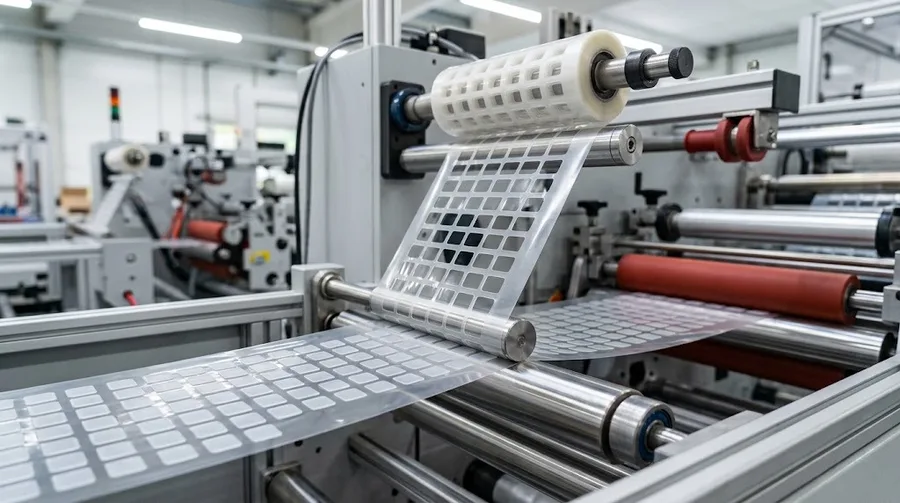 The waste matrix is wound away while the parts stay on the clear carrier film