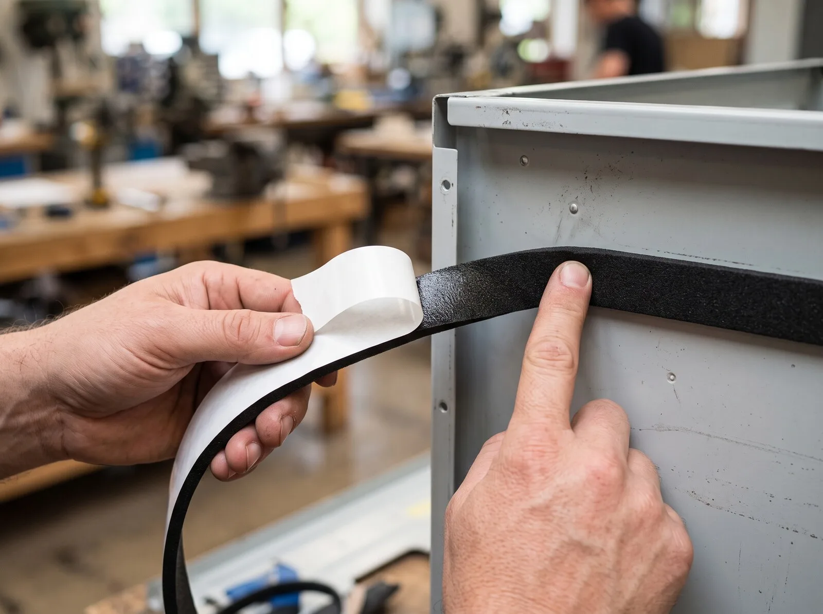 A strip of black foam with white double-sided tape on its back, liner being peeled as it goes onto a metal panel
