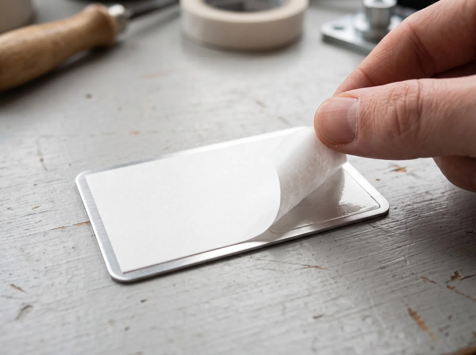 An aluminium nameplate turned over, double-sided tape on its back, a finger lifting a corner of the white release paper