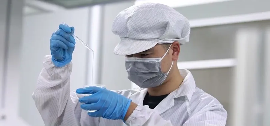 A lab technician in an anti-static suit and blue gloves, holding a dropper