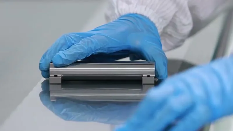 A gloved hand pressing down a test strip on the bench