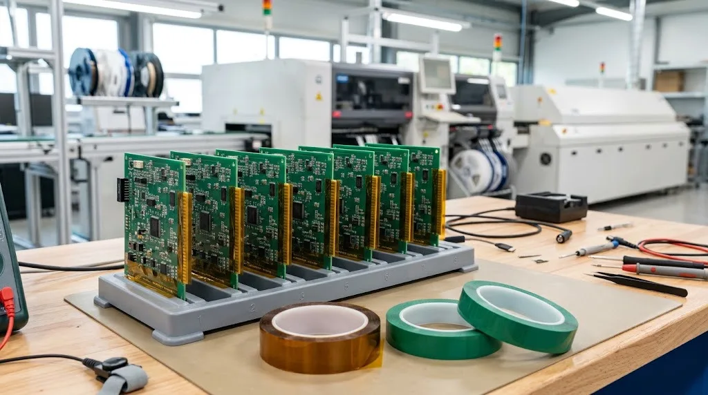 PCB assemblies with polyimide tape and green polyester tape in an electronics production area