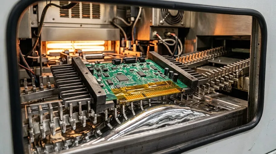 Neutral illustration of a PCB moving through a wave-soldering heat process