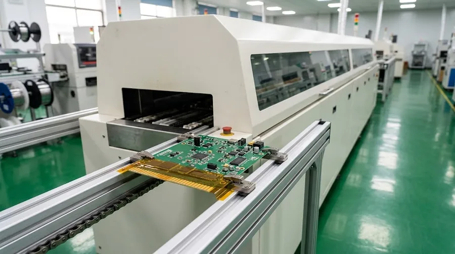 A board with taped gold fingers carried into a wave-soldering machine