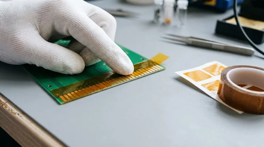 A gloved hand presses amber polyimide tape over the gold fingers