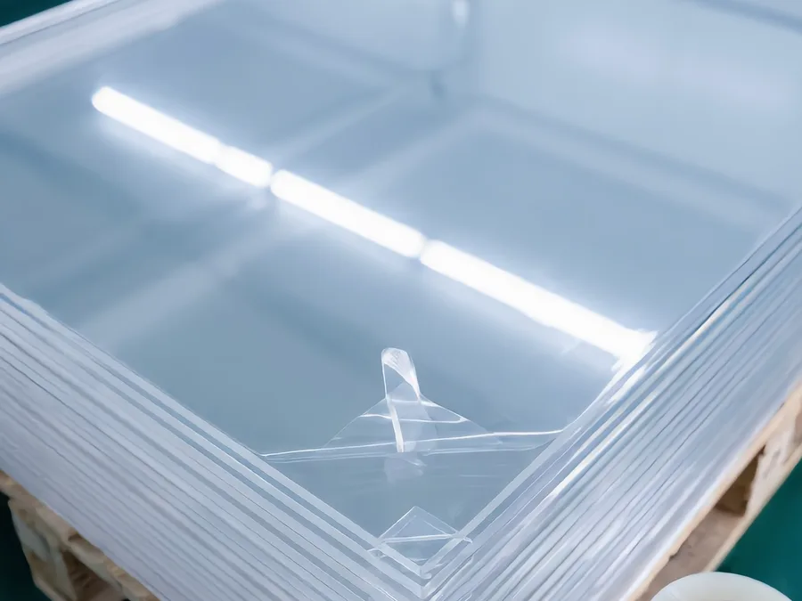 A stack of acrylic sheets under clear protective film