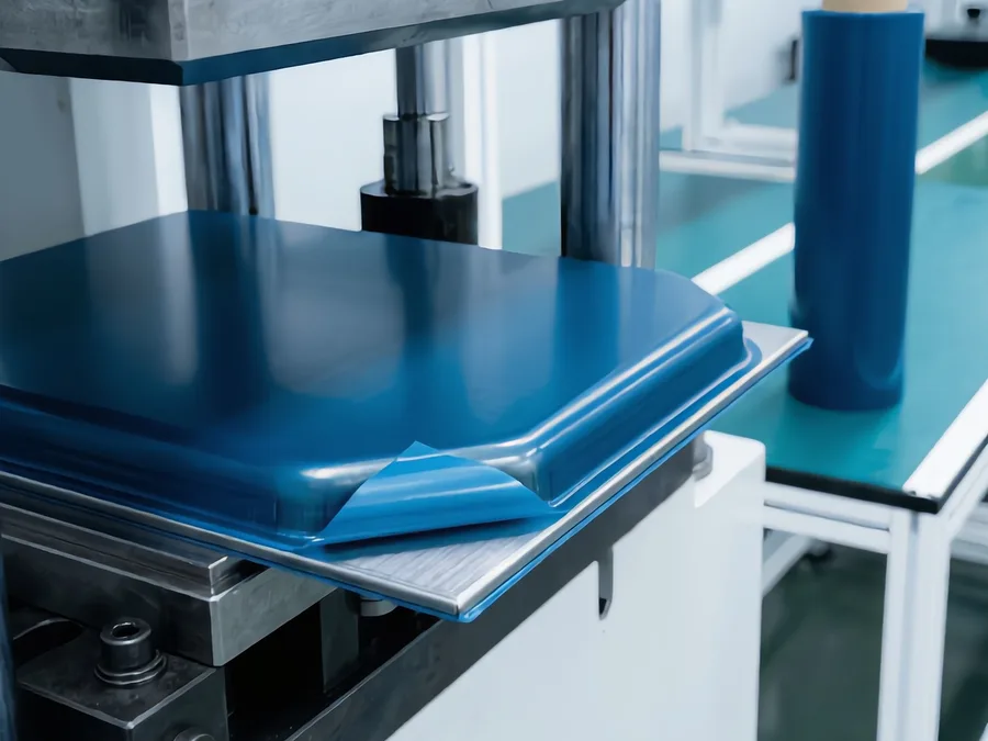 A stamped stainless steel part with blue protective film following its shape