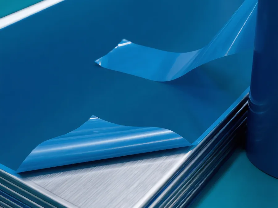 A stack of stainless steel sheets under dark blue protective film, a roll beside them