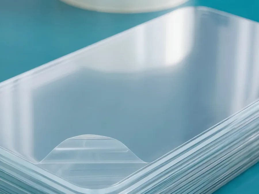 A stack of glass panels under clear protective film, lying flat