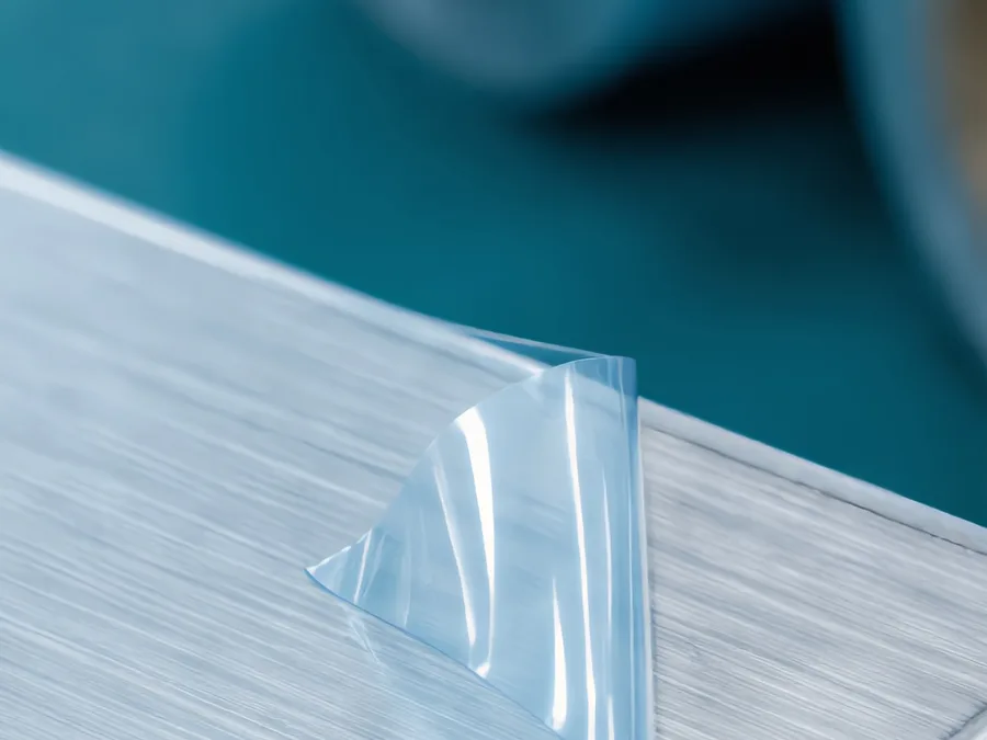 Clear blue-tinted protective film on an aluminium plate, one corner lifted
